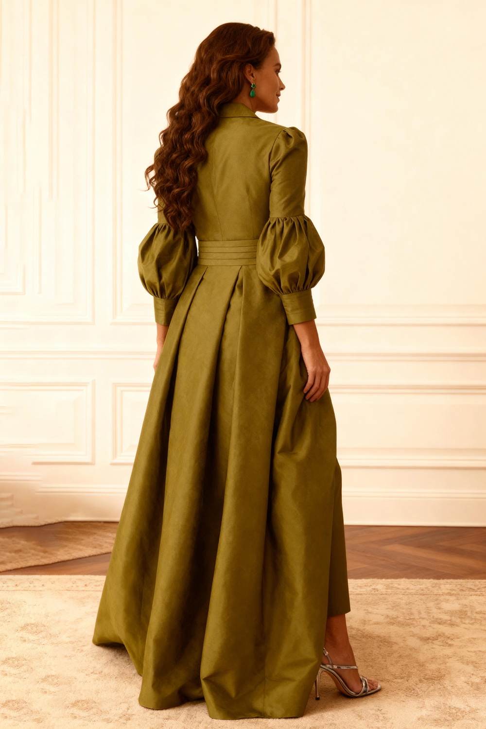 Olive Notched Lapel Puff Sleeves 2 Piece Mother of the Bride Pant Suits with Jacket