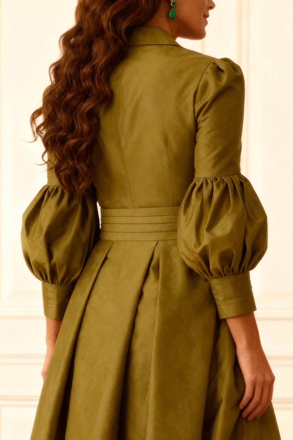 Olive Notched Lapel Puff Sleeves 2 Piece Mother of the Bride Pant Suits with Jacket