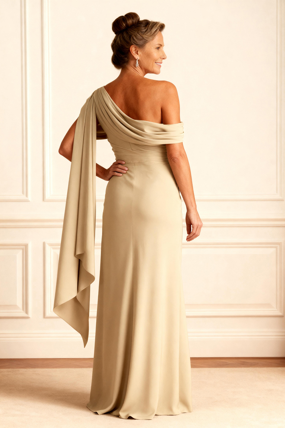 Champagne Ruffled One Shoulder Floor-Length Mother of the Bride Dress with Side Cape