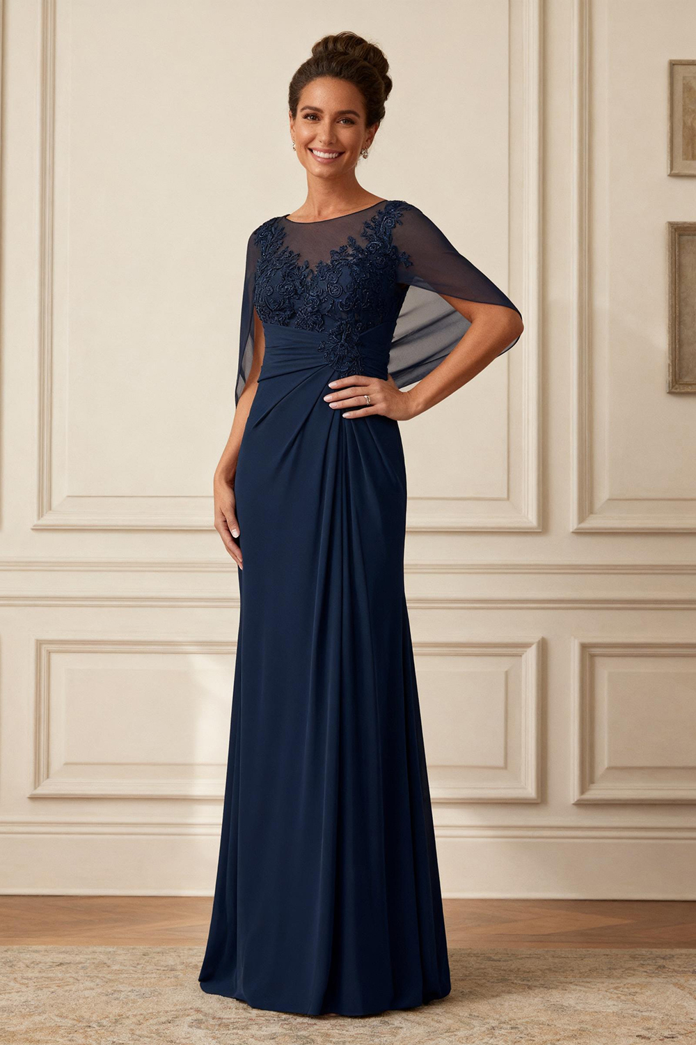 Dark Navy Sheath Ruched Floor-Length Mother of the Bride Dress with Cape