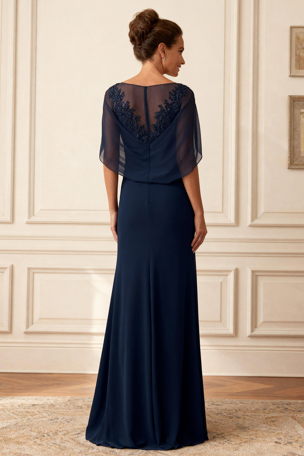 Dark Navy Sheath Ruched Floor-Length Mother of the Bride Dress with Cape