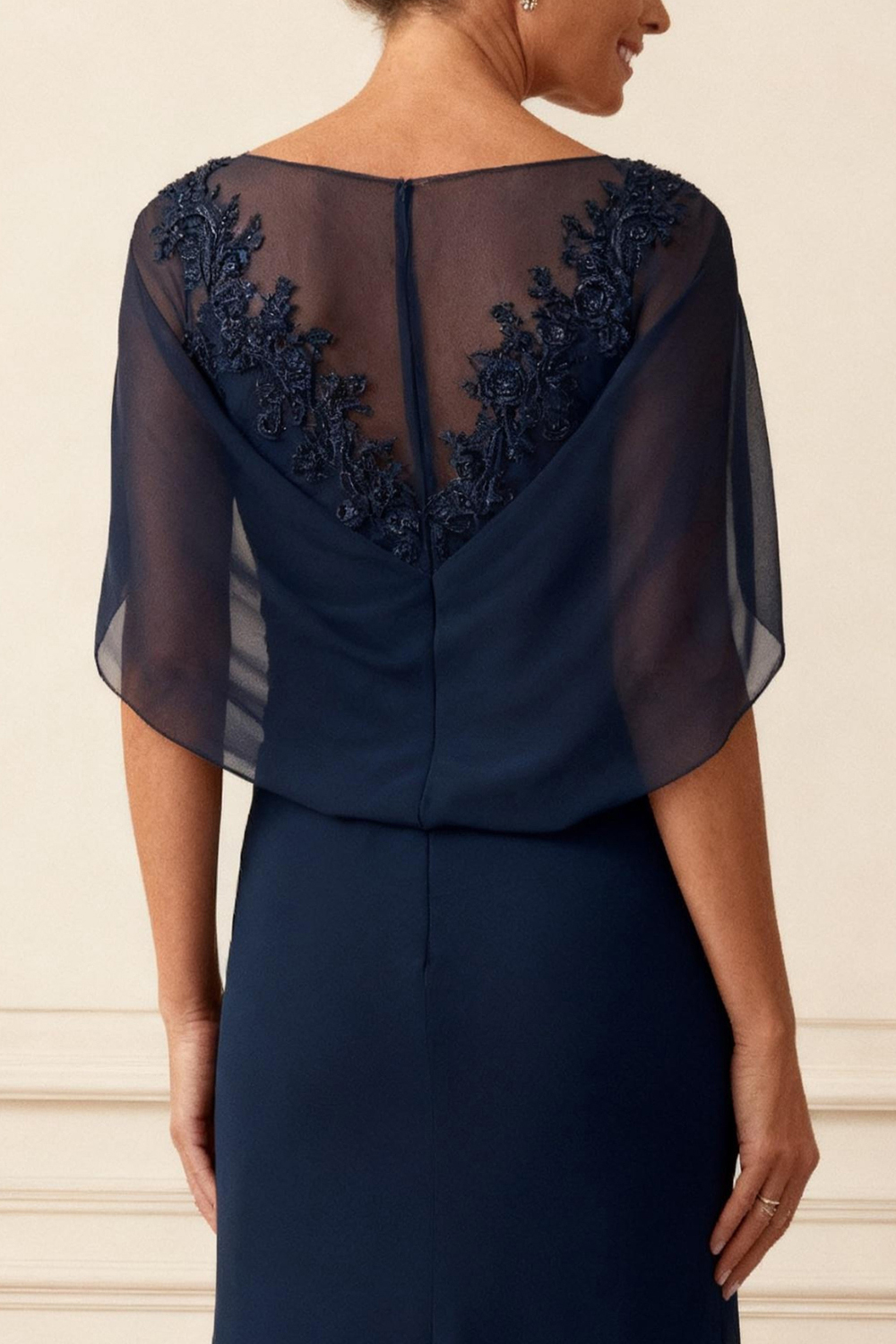 Dark Navy Sheath Ruched Floor-Length Mother of the Bride Dress with Cape