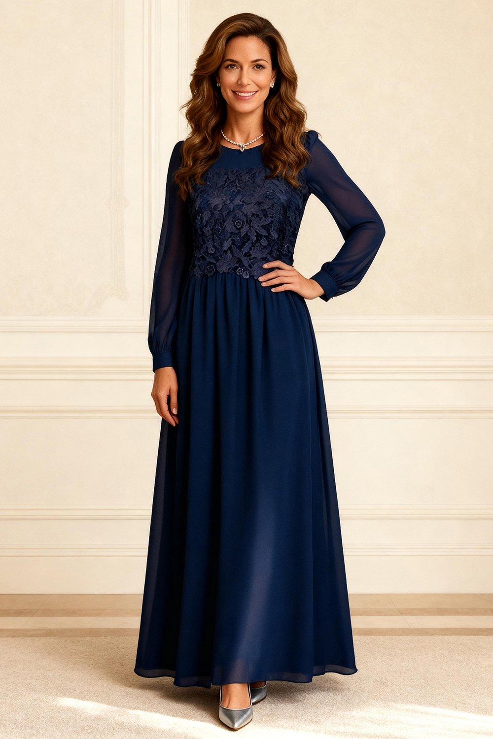 Dark Navy Chiffon A Line Floor-Length Mother of the Bride Dress with Lace