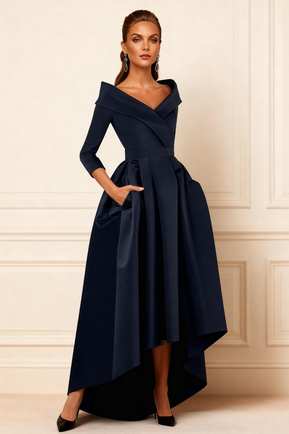 Dark Navy V-Neck Satin High-Low Mother of the Bride Dress with Pockets