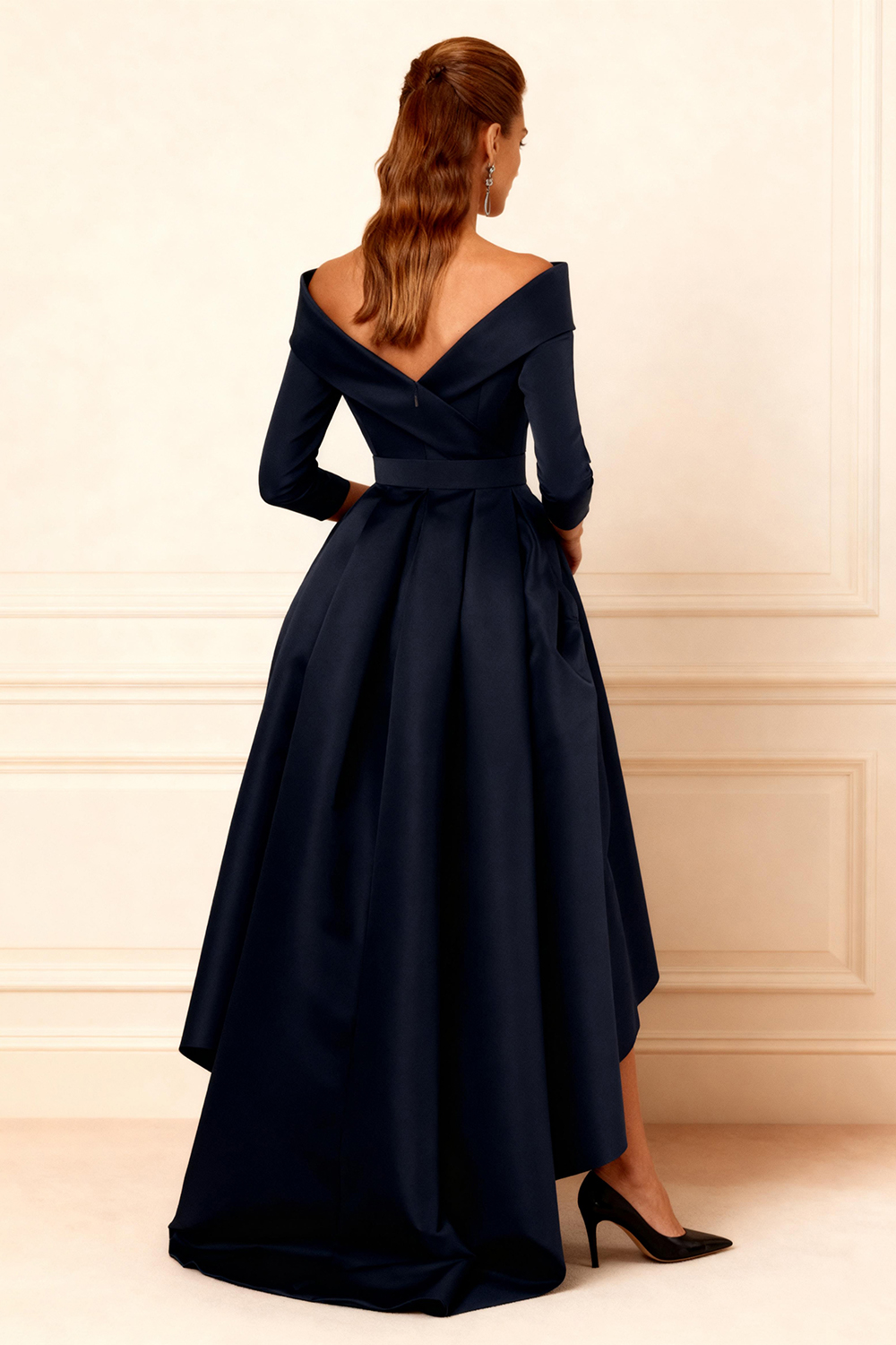 Dark Navy V-Neck Satin High-Low Mother of the Bride Dress with Pockets
