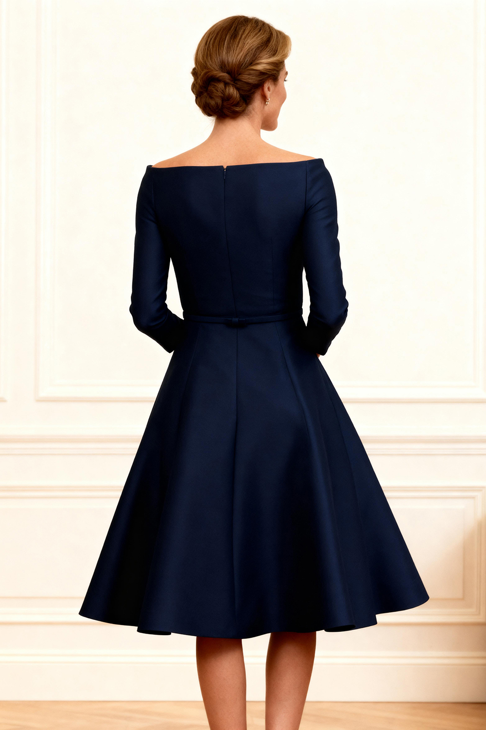 Dark Navy A Line Bateau Neck Knee-Length Mother of the Bride Dress with Ruffles