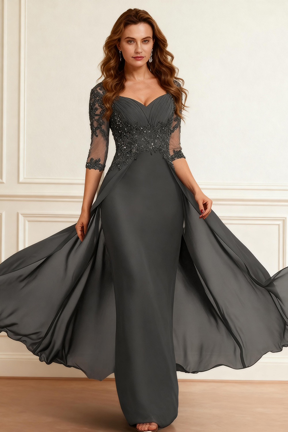 Dark Grey Sheath V-Neck Floor-Length Mother of the Bride Dress with Cape