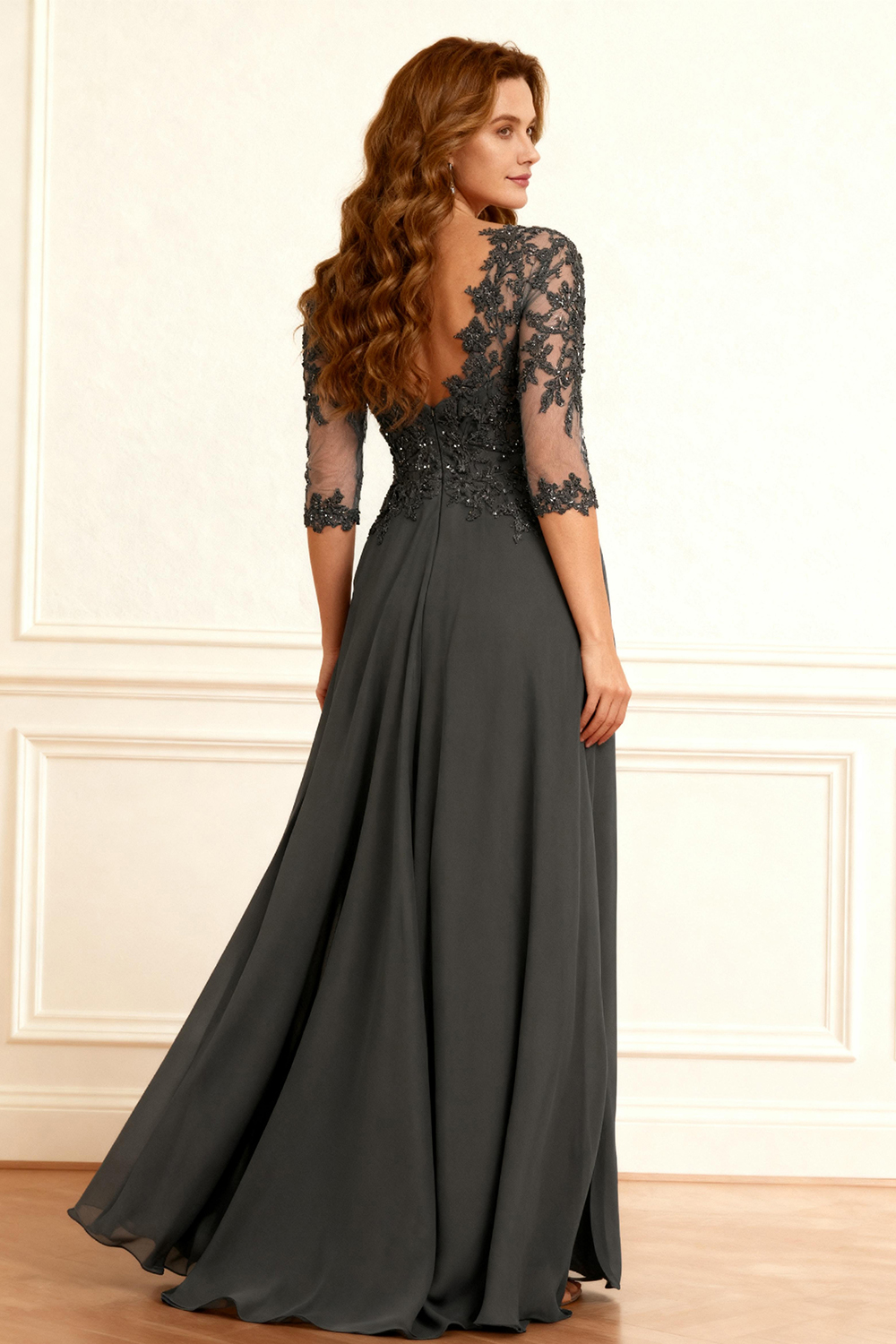 Dark Grey Sheath V-Neck Floor-Length Mother of the Bride Dress with Cape