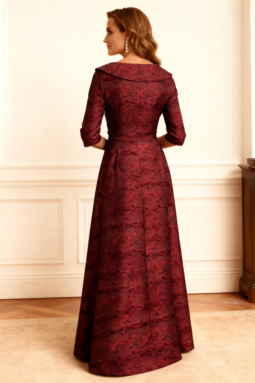 Burgundy Jacquard A Line V-Neck Floor-Length Mother of the Bride Dress with Bow