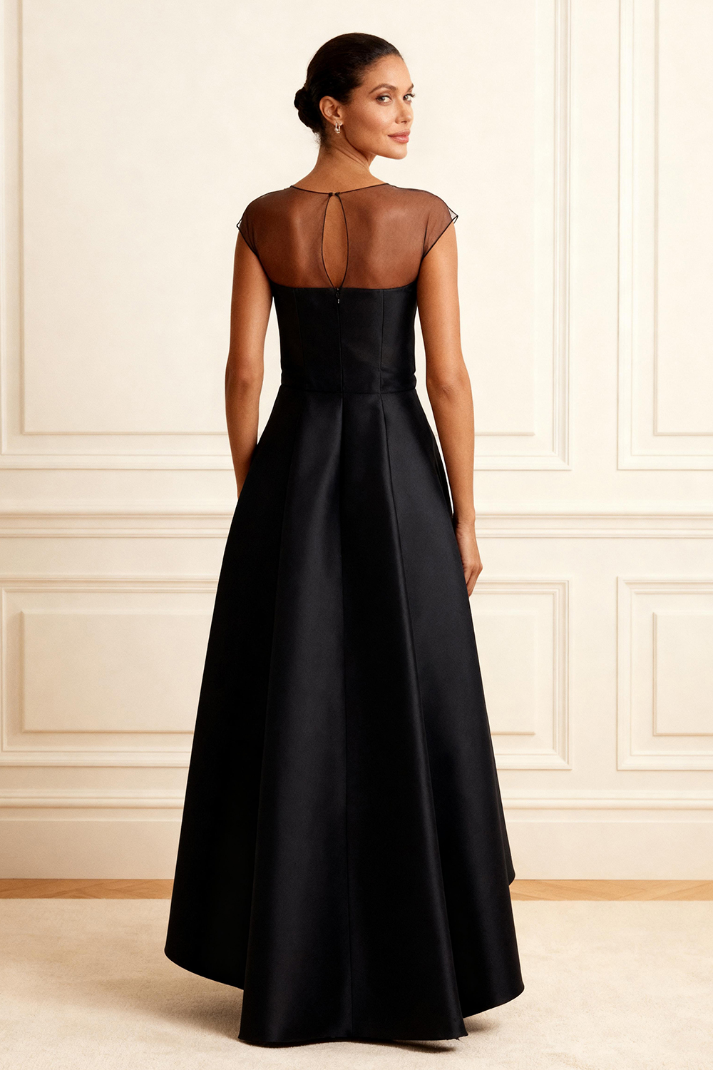 Black A Line Illusion Neck High-Low Mother of the Bride Dress with 3D Flower