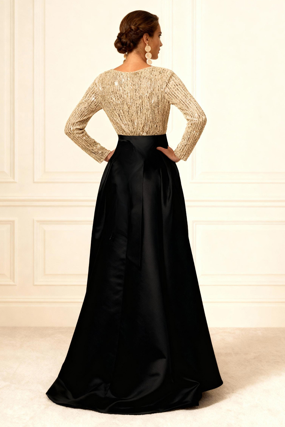 Sparkly Black Sequins V-Neck Floor-Length Mother of the Bride Dress with Bow