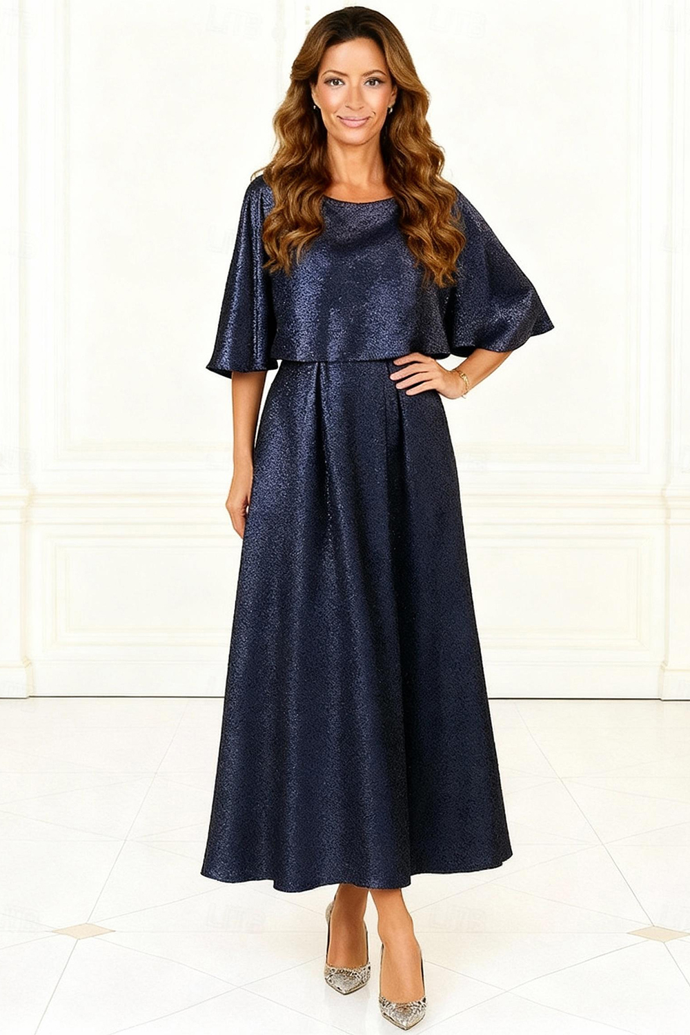 Dark Navy A Line Satin Boat Neck Ankle-Length Mother of the Bride Dress