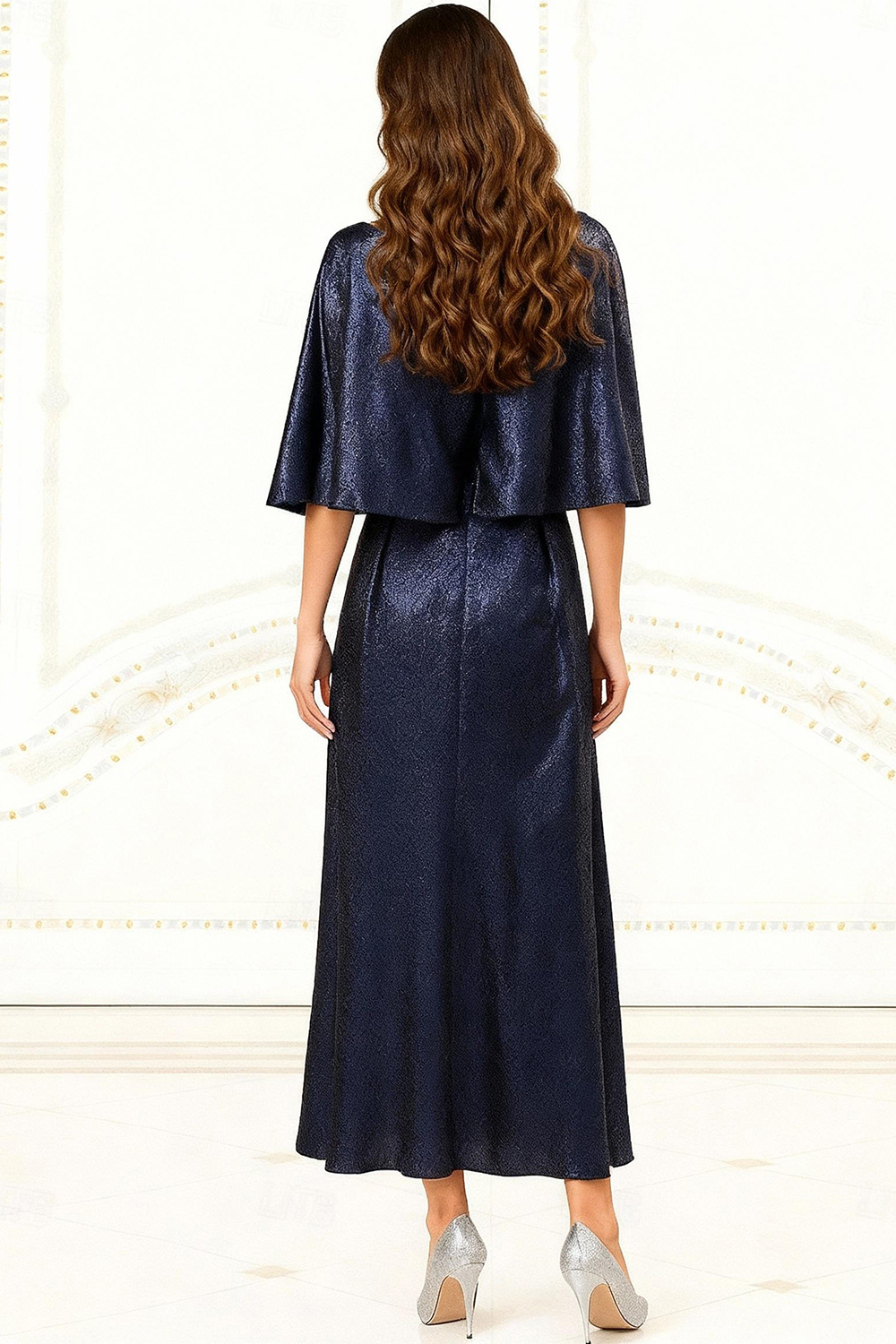 Dark Navy A Line Satin Boat Neck Ankle-Length Mother of the Bride Dress