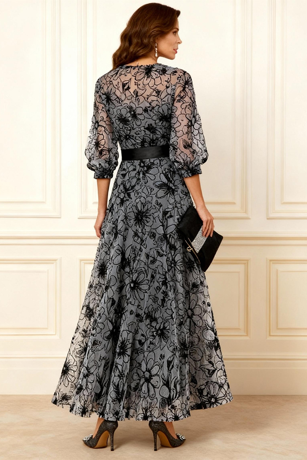 Grey Lace A Line Ankle-Length Mother of the Bride Dress with Bow