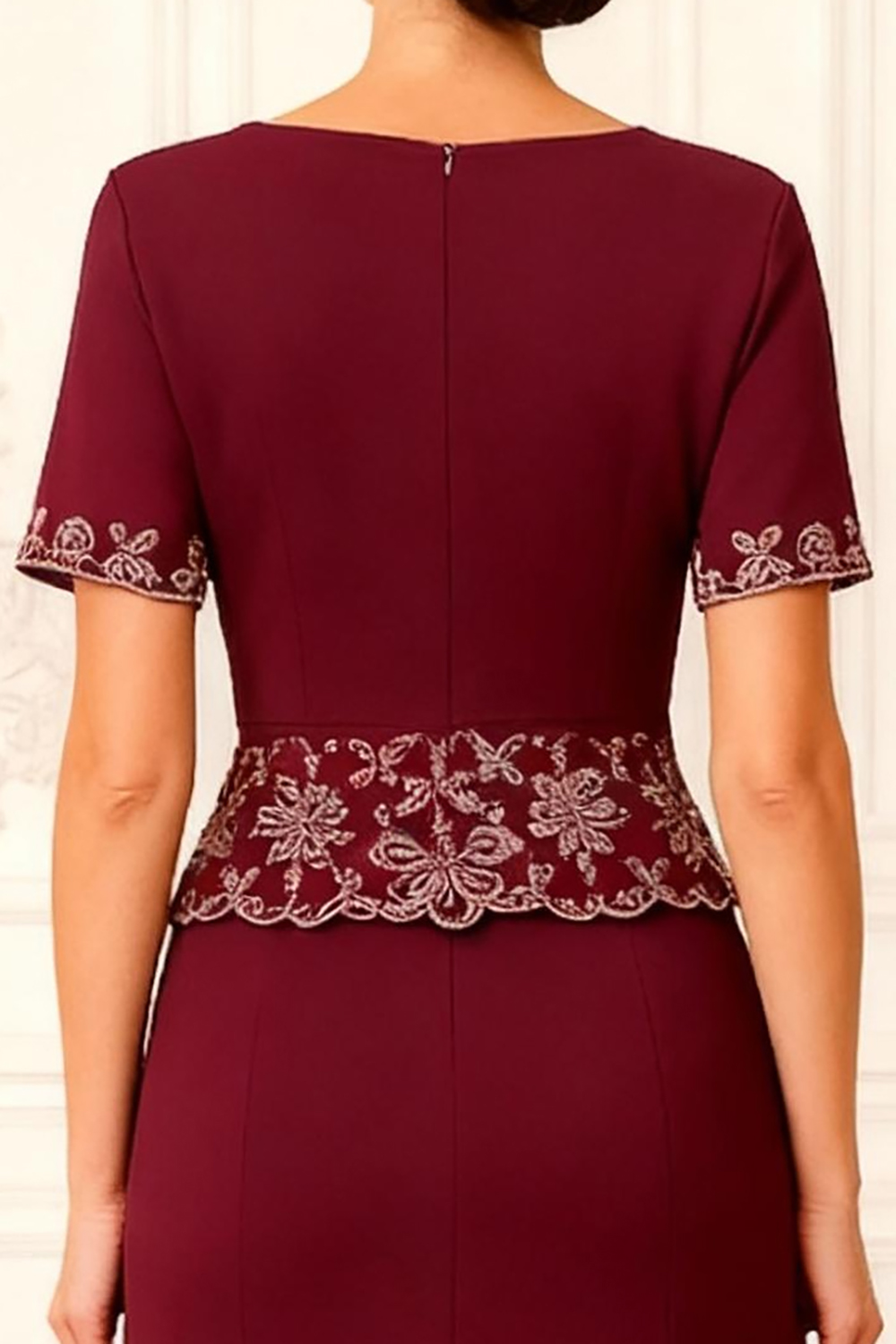 Burgundy Mermaid Satin Tea-Length Mother of the Bride Dress with Lace