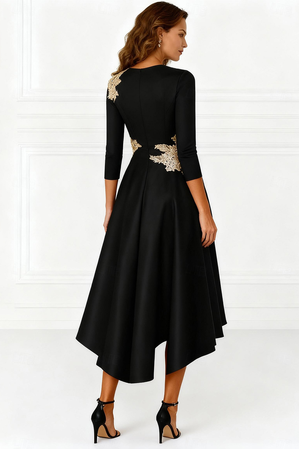 Black V-Neck Satin High-Low Mother of the Bride Dress with Appliques