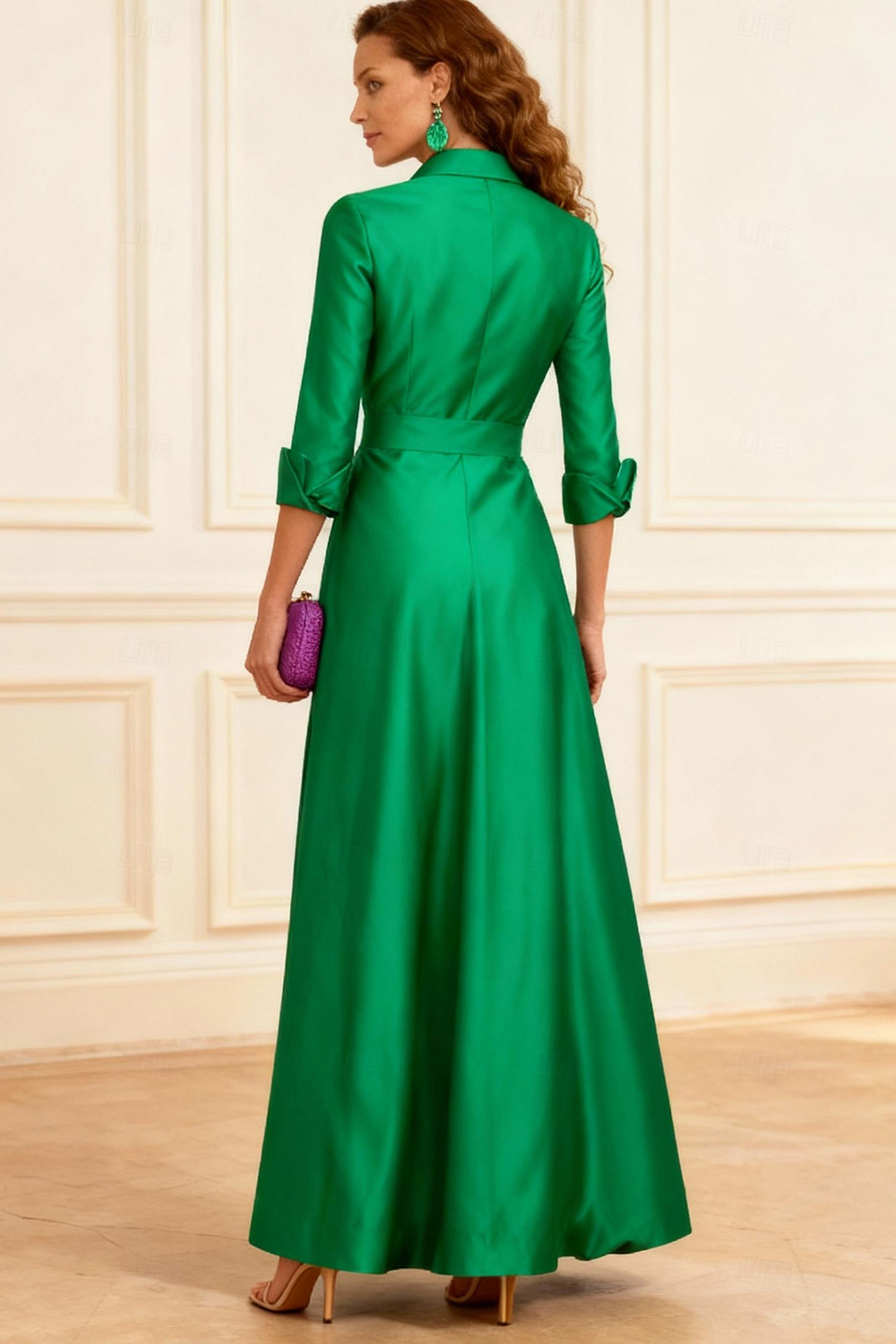 Dark Green A Line Lapel Floor-Length Mother of the Bride Dress with Slit