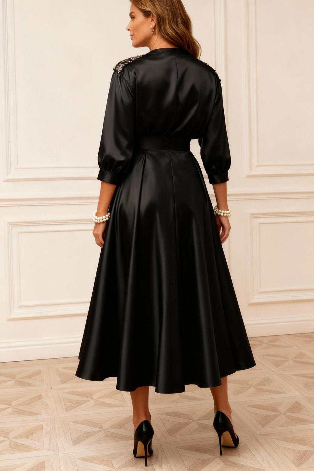 Sparkly Black V-Neck Satin Tea-Length Mother of the Bride Dress with Beading