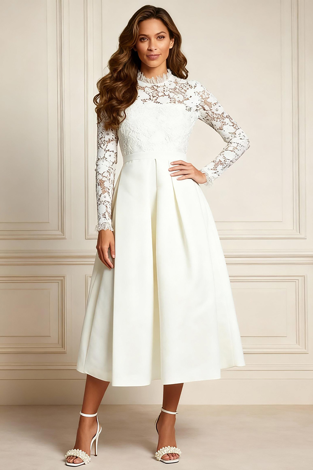 White Satin A Line Tea-Length Mother of the Bride Dress with Lace