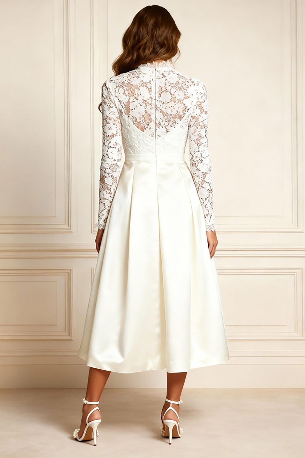 White Satin A Line Tea-Length Mother of the Bride Dress with Lace