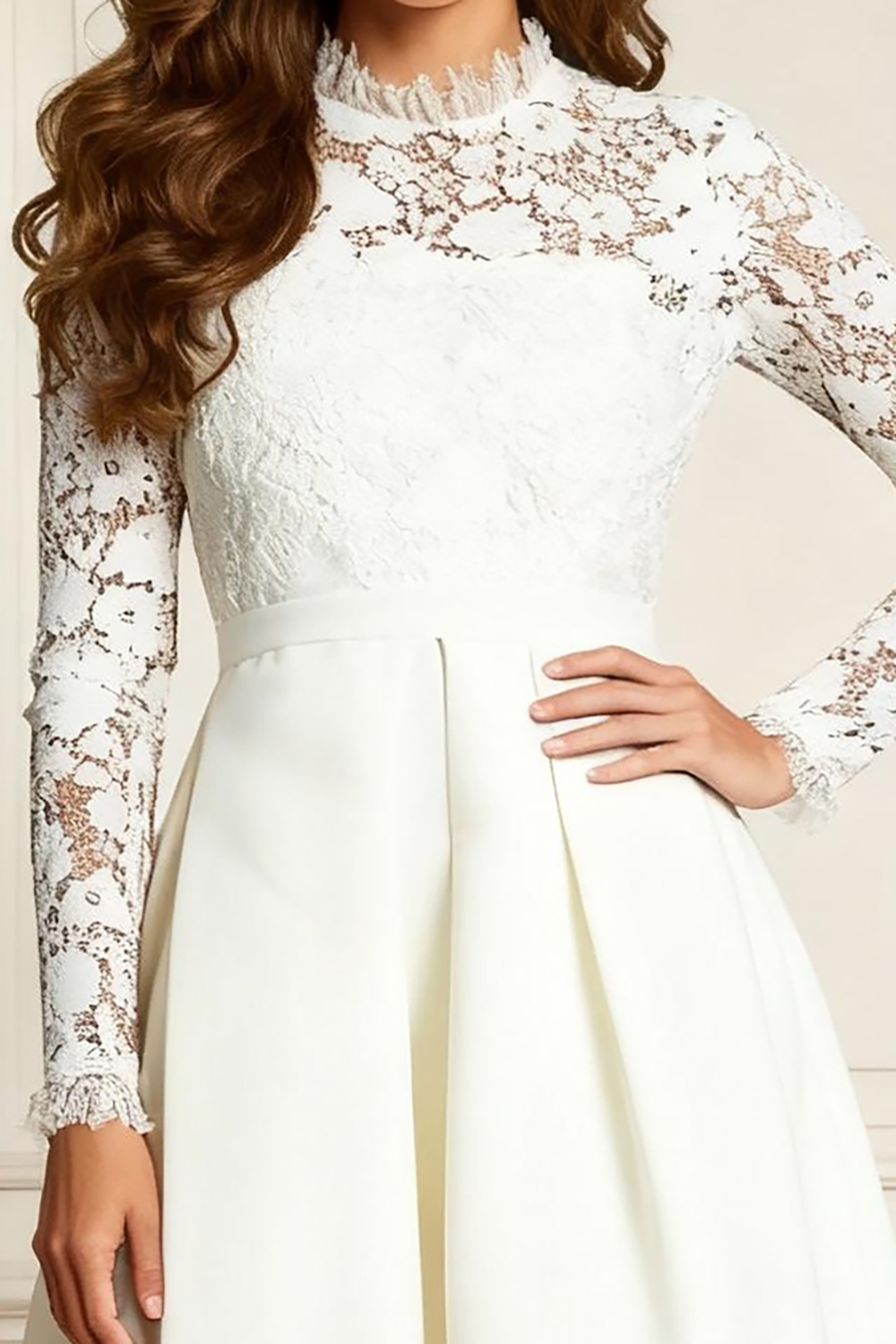 White Satin A Line Tea-Length Mother of the Bride Dress with Lace