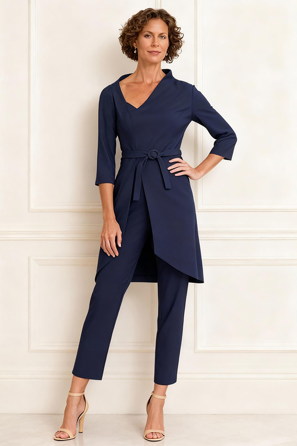 Dark Navy V-Neck 2 Piece Mother of the Bride Pant Suits with Jacket