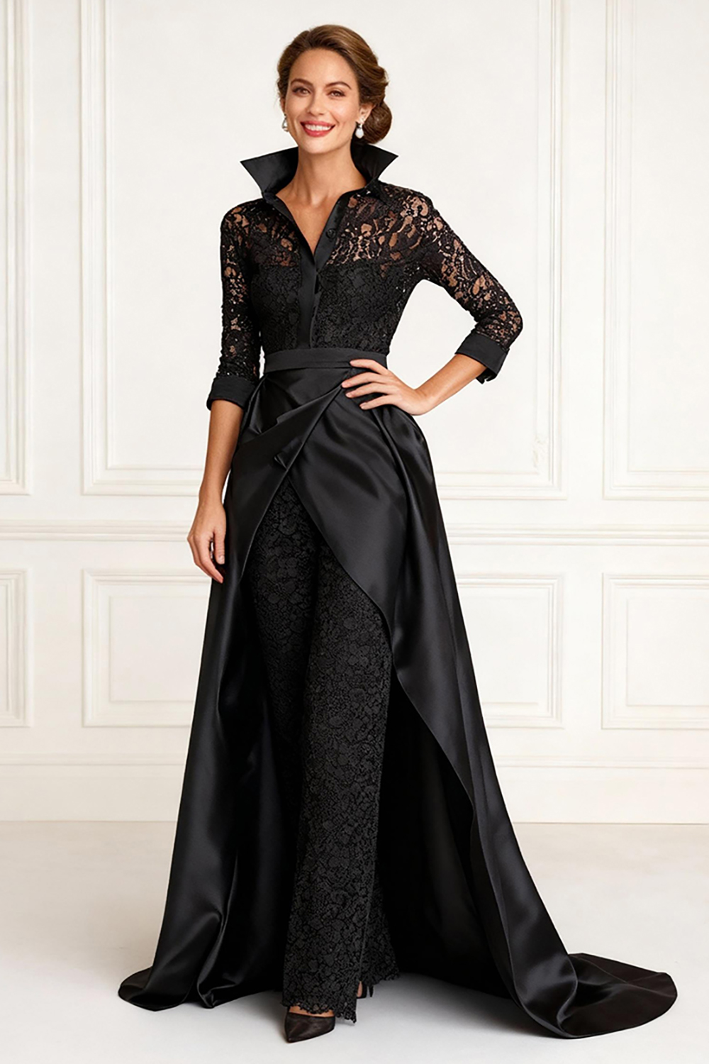 Hellymoon Women Black Lace Floor-Length Mother of the Bride Pant Suits with Sleeves Satin Lapel Mother of the Groom Pant Suits with Cape