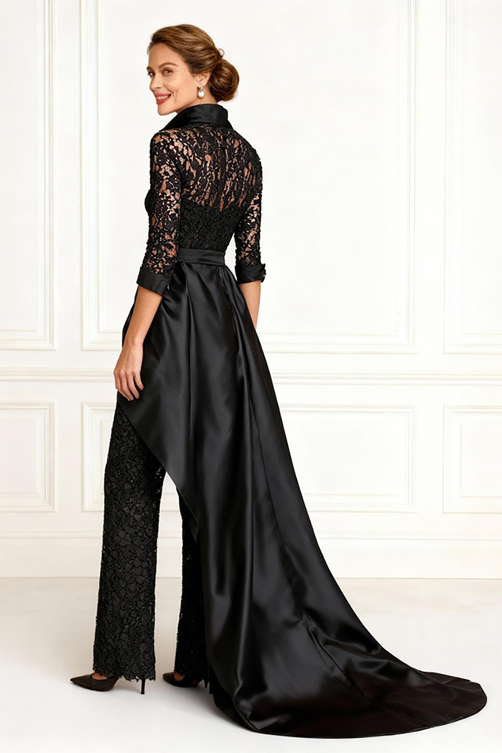 Black Lace V-Neck Sheath Floor-Length Mother of the Bride Jumpsuits with Cape