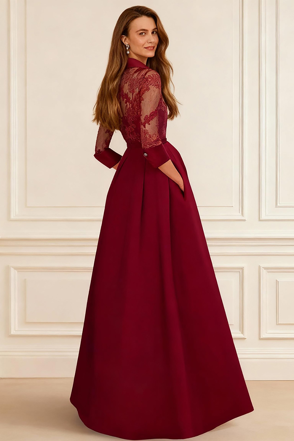 Red Satin Lapel Floor-Length Mother of the Bride Jumpsuits with Cape