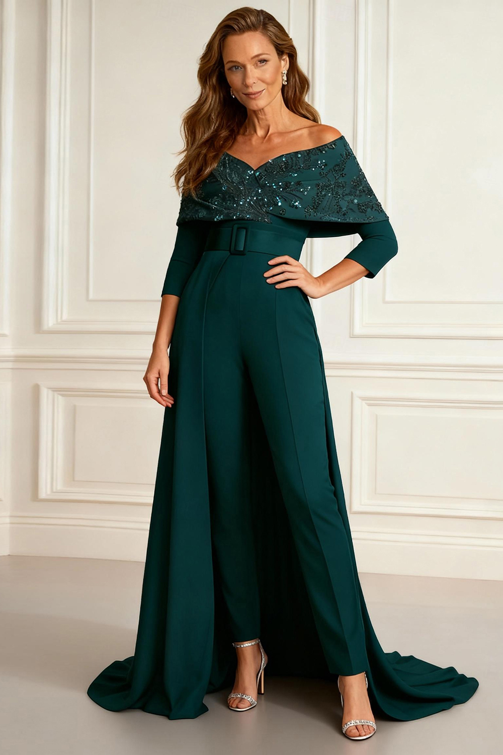 Sparkly Dark Green Sequins Floor-Length Mother of the Bride Jumpsuits with Cape