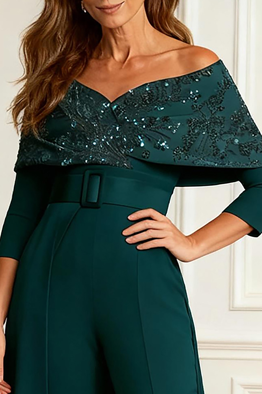 Sparkly Dark Green Sequins Floor-Length Mother of the Bride Jumpsuits with Cape