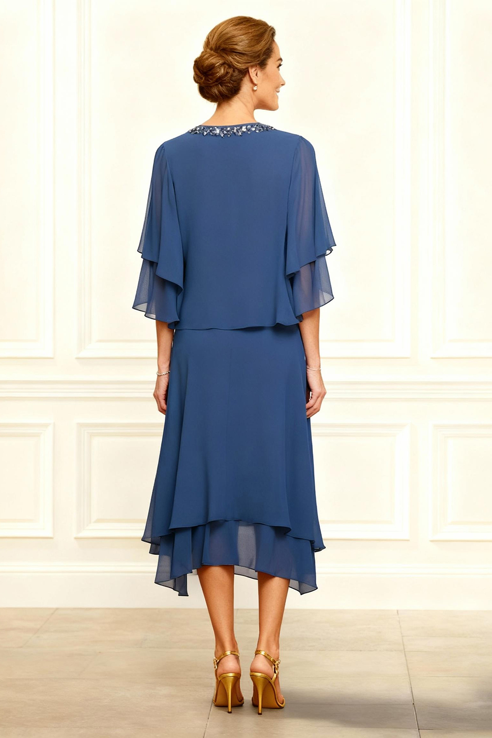 Sparkly Grey Blue V-Neck Beaded 2 Piece Tea-Length Mother of the Bride Dress with Jacket