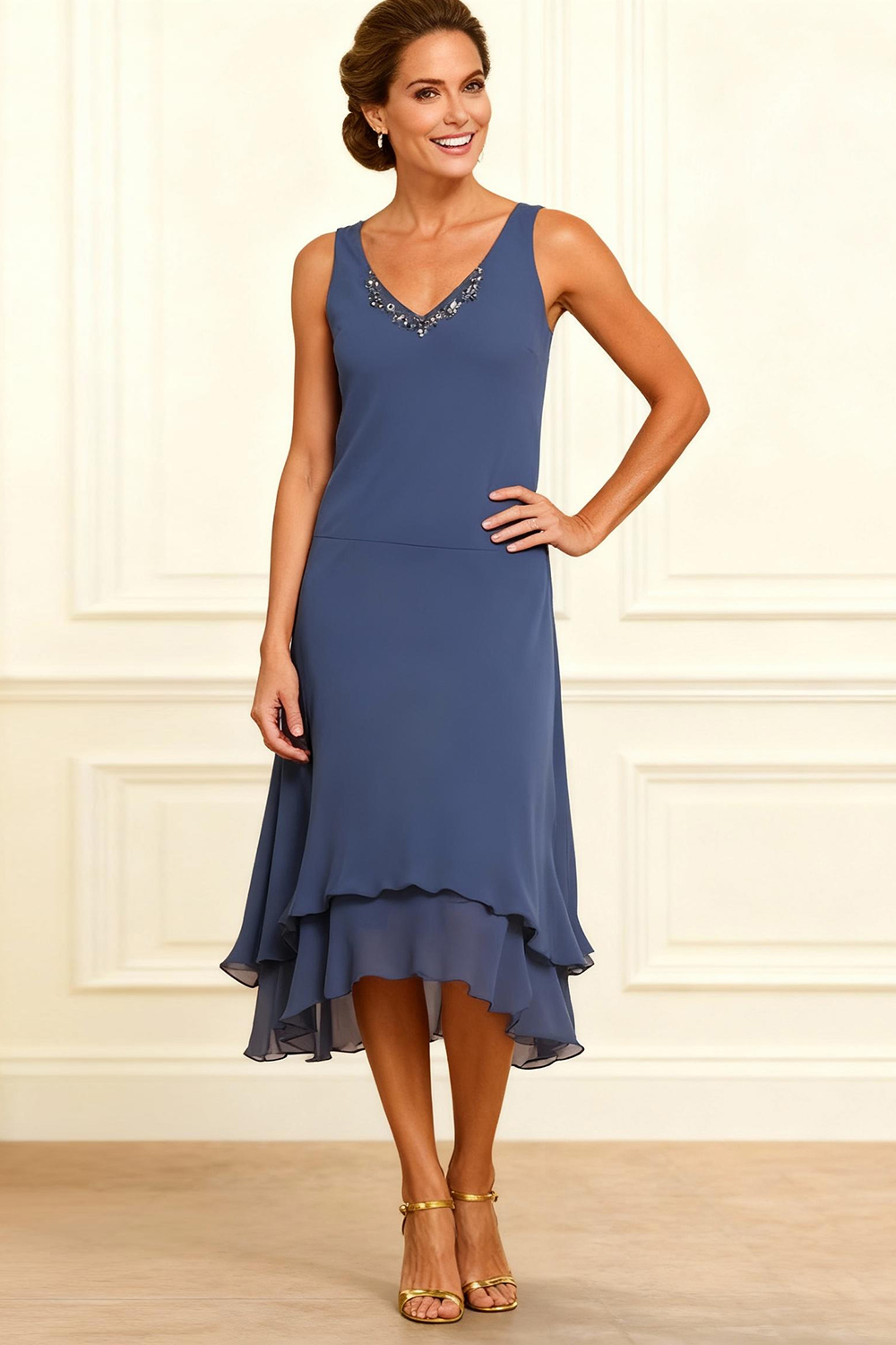 Sparkly Grey Blue V-Neck Beaded 2 Piece Tea-Length Mother of the Bride Dress with Jacket