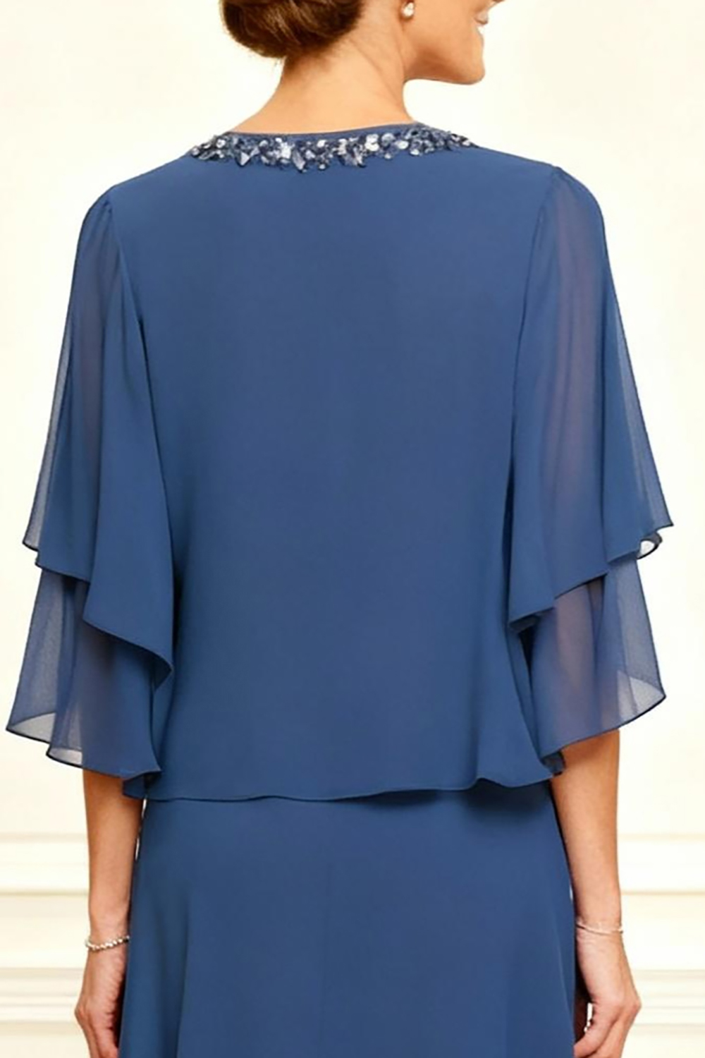 Sparkly Grey Blue V-Neck Beaded 2 Piece Tea-Length Mother of the Bride Dress with Jacket