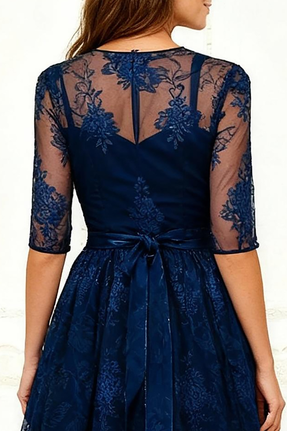 Dark Navy Lace A Line Tea-Length Mother of the Bride Dress with Sash