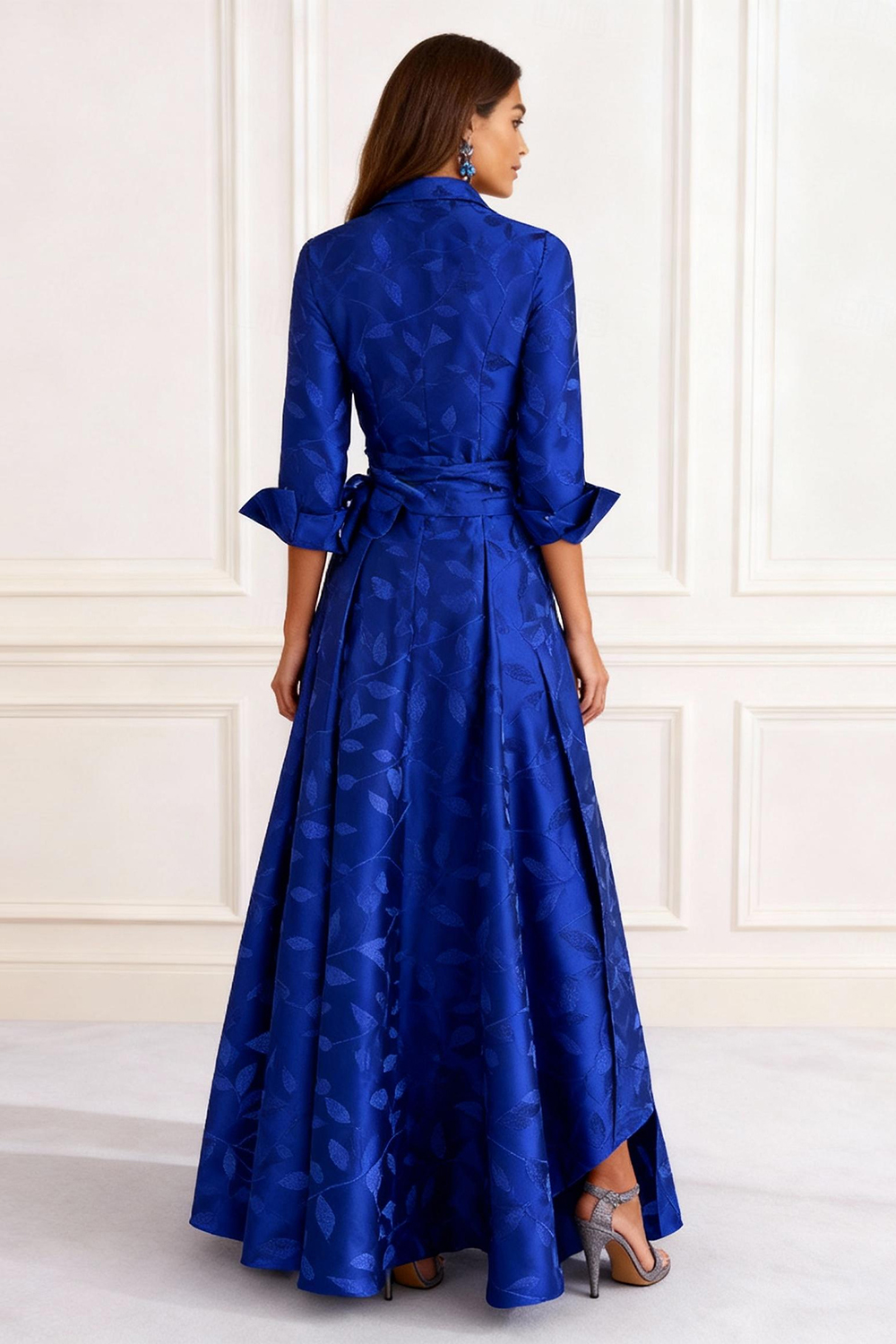 Royal Blue Satin Lapel A Line Floor-Length Mother of the Bride Dress with Slit
