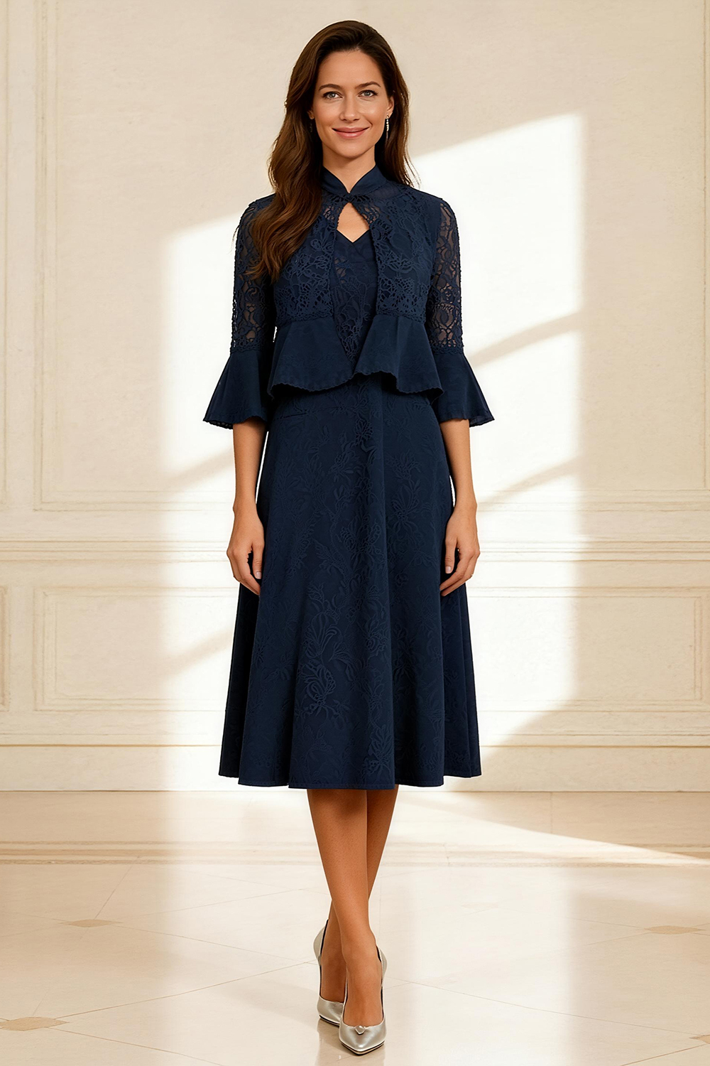 Dark Navy A Line Lace 2 Piece Knee-Length Mother of the Bride Dress with Jacket