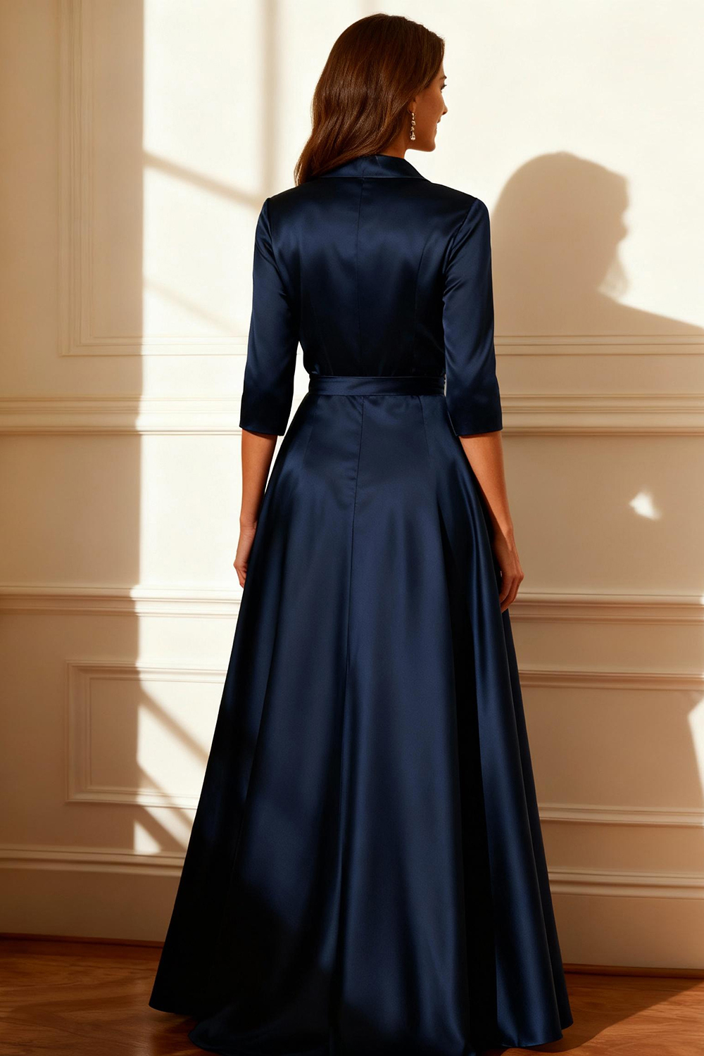 Dark Navy Satin V-Neck Floor-Length Mother of the Bride Dress with Slit