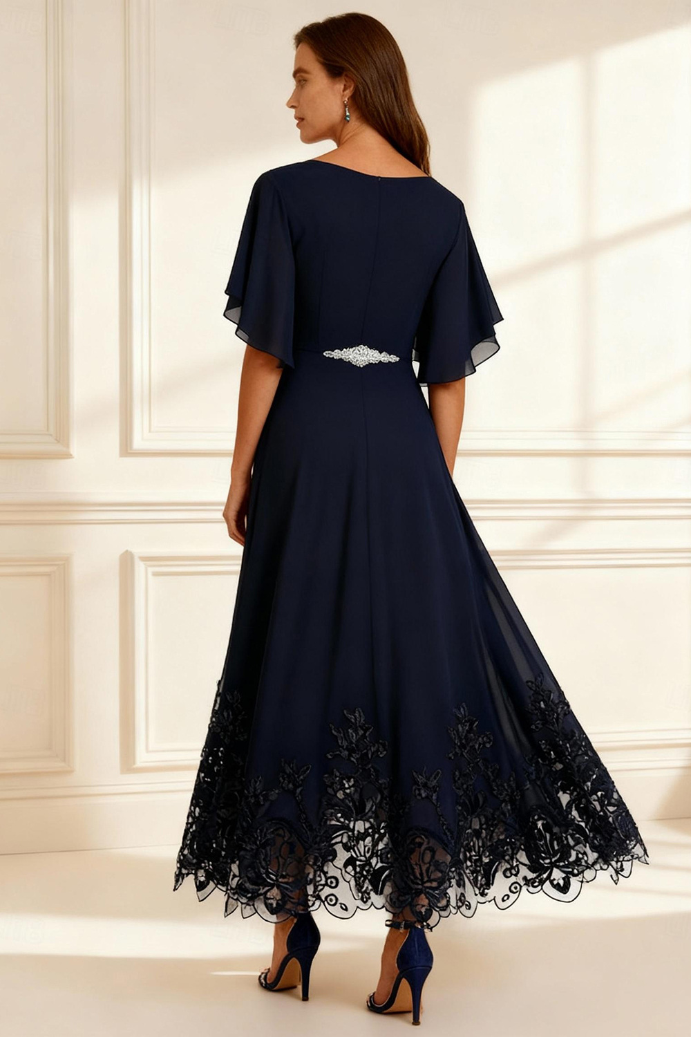 Sparkly Navy V-Neck Beaded Ankle-Length Mother of the Bride Dress with Lace