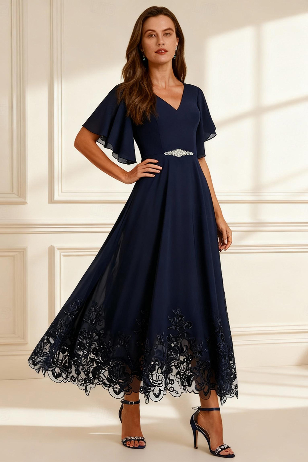Sparkly Navy V-Neck Beaded Ankle-Length Mother of the Bride Dress with Lace