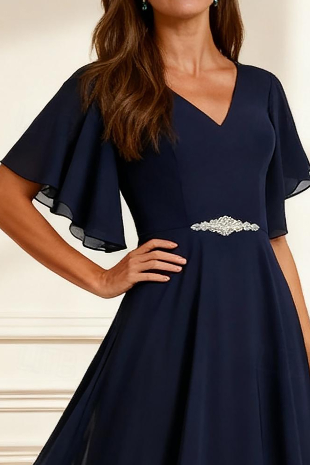 Sparkly Navy V-Neck Beaded Ankle-Length Mother of the Bride Dress with Lace