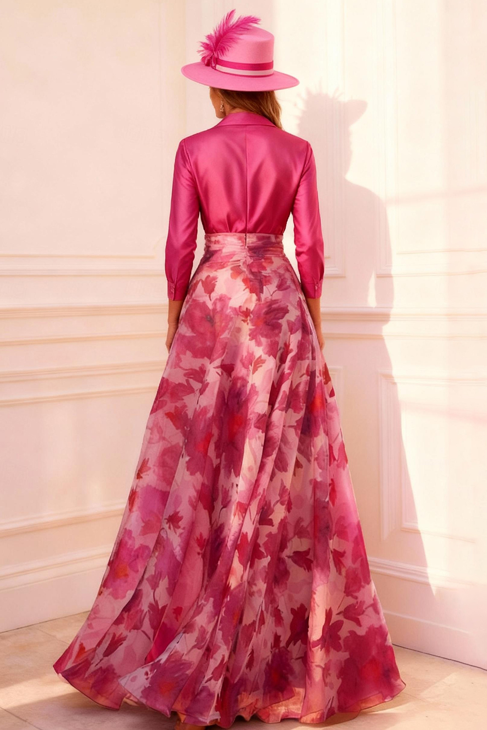 Fuchsia Floral V-Neck A Line Floor-Length Mother of the Bride Dress