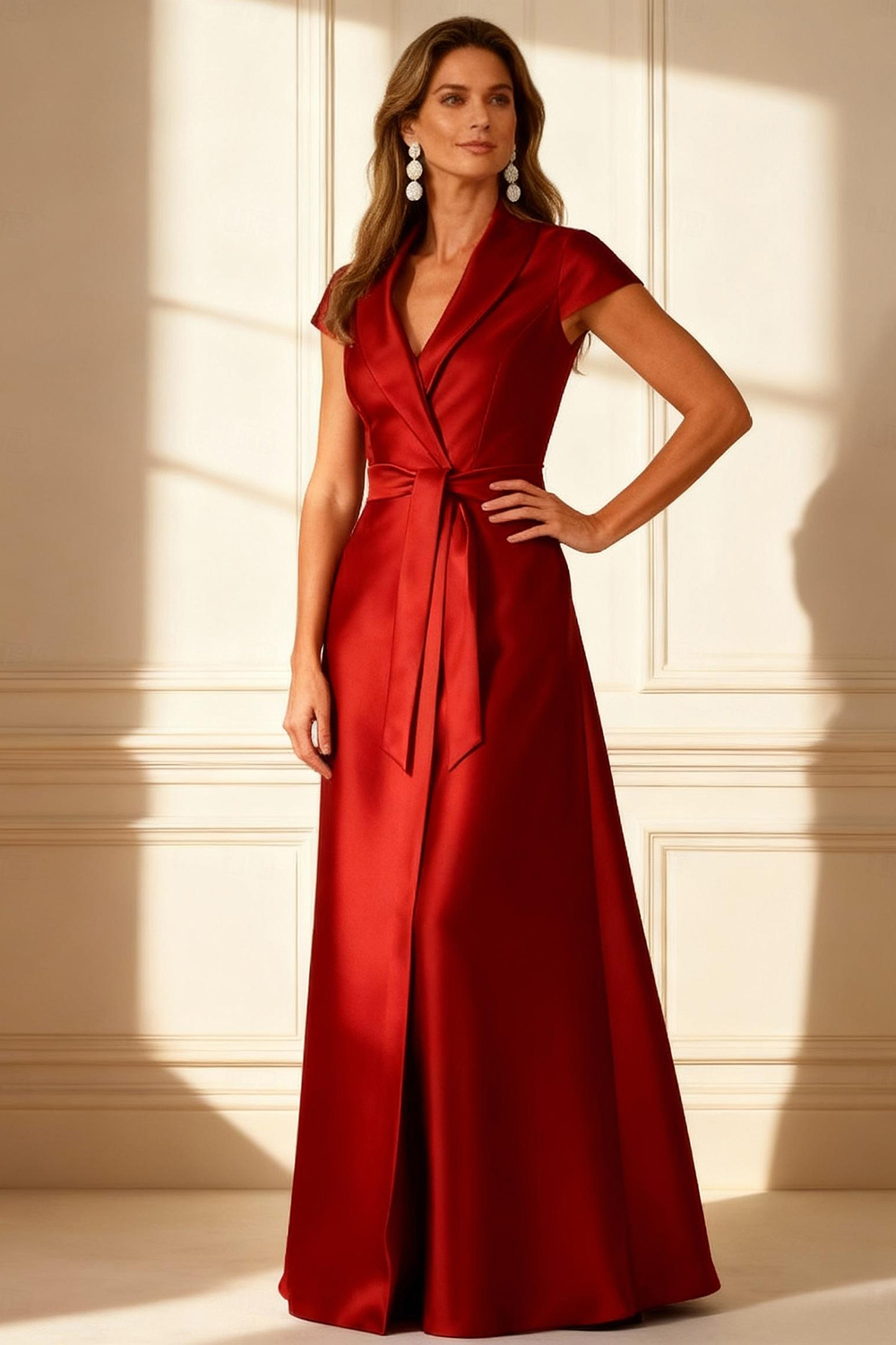 Burgundy Satin V-Neck A Line Floor-Length Mother of the Bride Dress with Sash