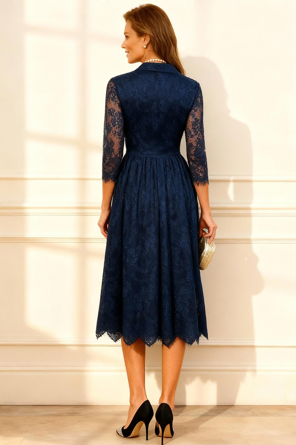 Dark Navy V-Neck Lace A Line Tea-Length Mother of the Bride Dress