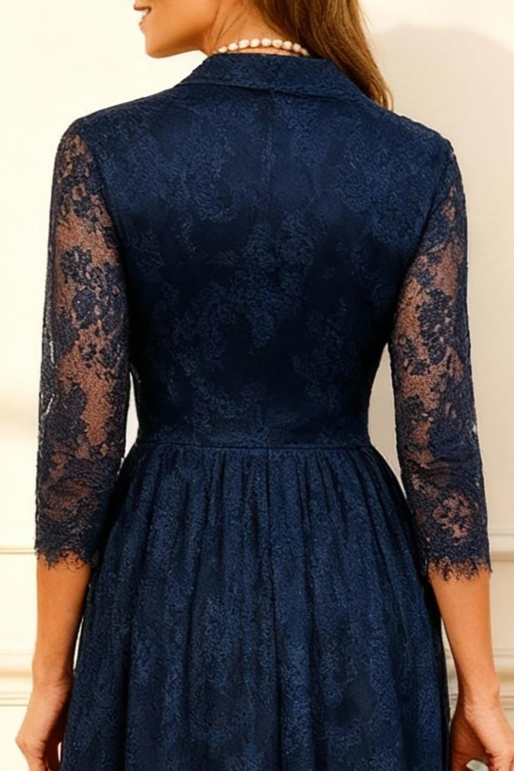 Dark Navy V-Neck Lace A Line Tea-Length Mother of the Bride Dress