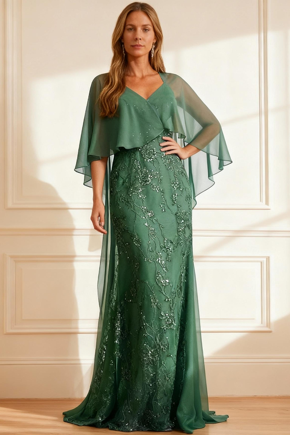 Eucalyptus Mermaid Chiffon 2 Piece Floor-Length Mother of the Bride Dress with Cape