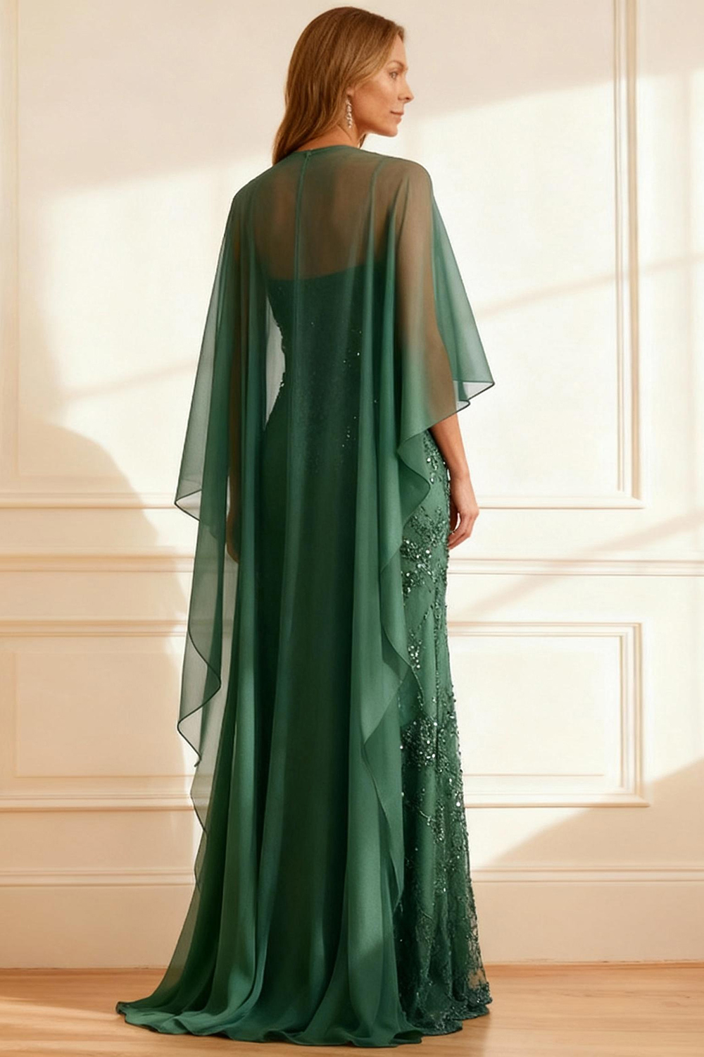 Eucalyptus Mermaid Chiffon 2 Piece Floor-Length Mother of the Bride Dress with Cape