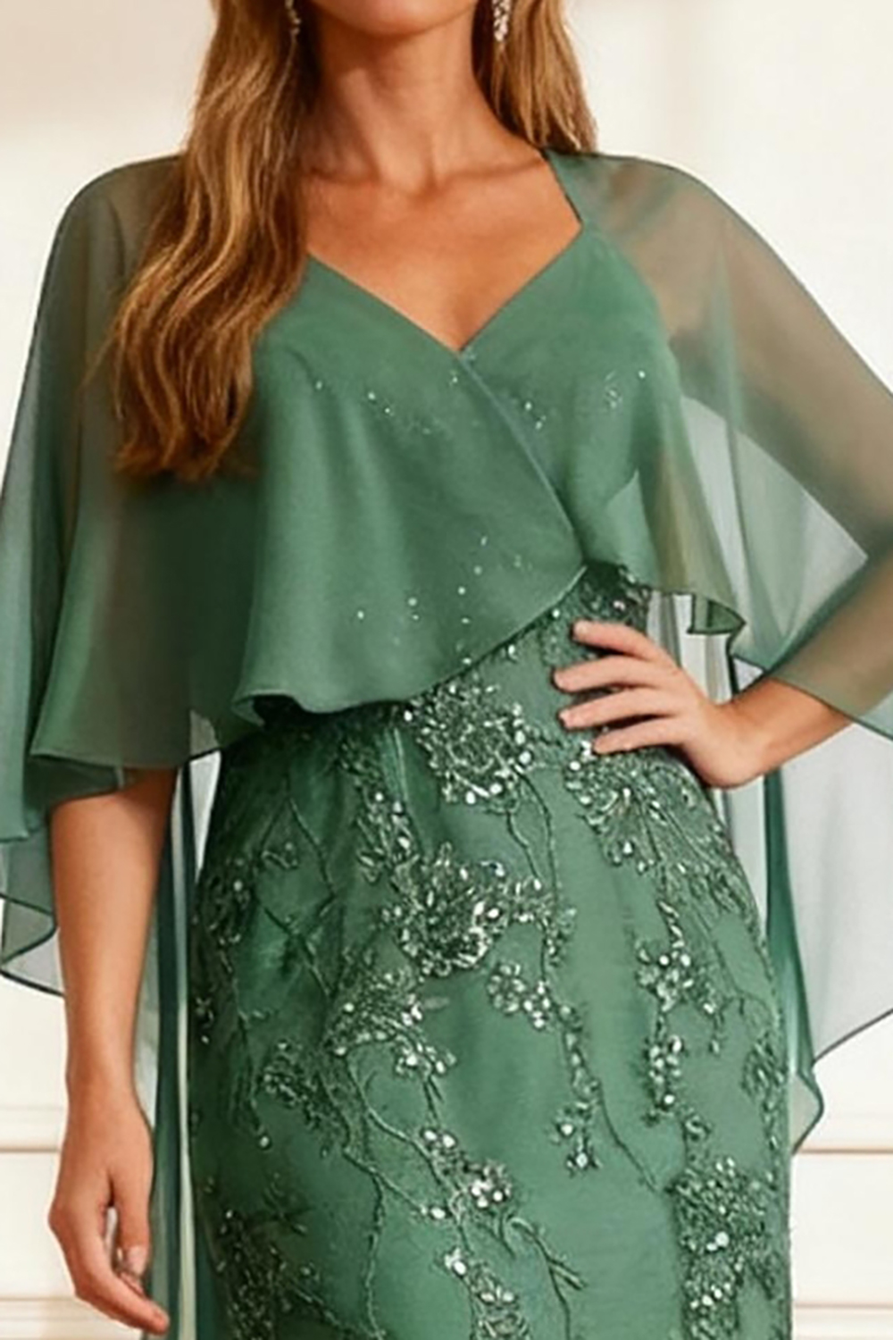 Eucalyptus Mermaid Chiffon 2 Piece Floor-Length Mother of the Bride Dress with Cape