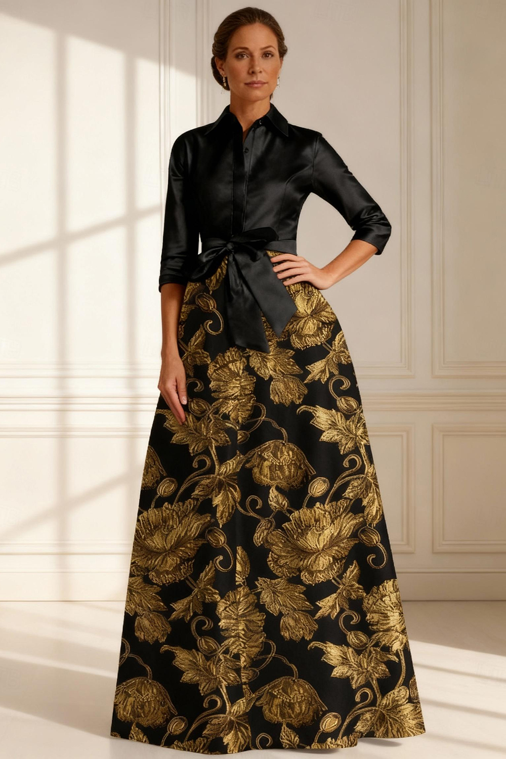 Gold Jacquard A Line Floor-Length Mother of the Bride Dress with Bow