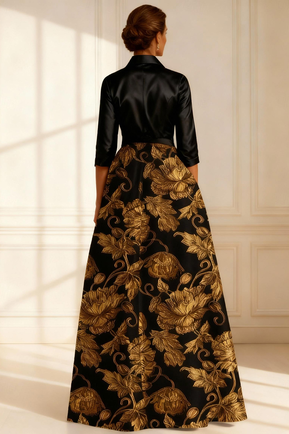 Gold Jacquard A Line Floor-Length Mother of the Bride Dress with Bow